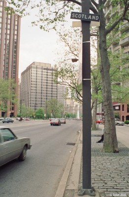 Scotland, Philadelphia, 1989
Along the length of the Benjamin Franklin Parkway are flags from around the world, at the time I was there the flags were missing but this was Scotland's post.
