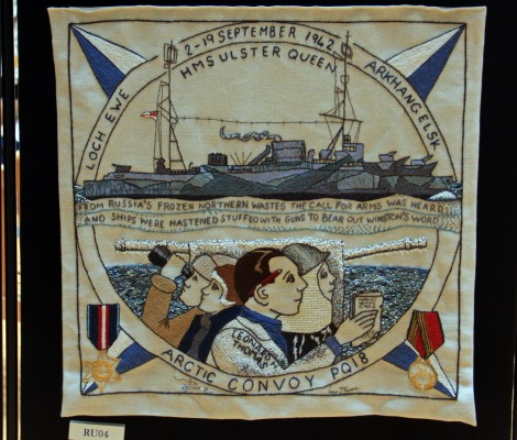 The Scottish Diaspora Tapestry, Anchor Mills, Paisley
One of the embroidered panels from the Scottish Diaspora Tapestry taken in 2014 when part of it was on display at the Anchor Mill in Paisley.  This panel depicts the WWII Arctic convoys that left from Loch Ewe.
