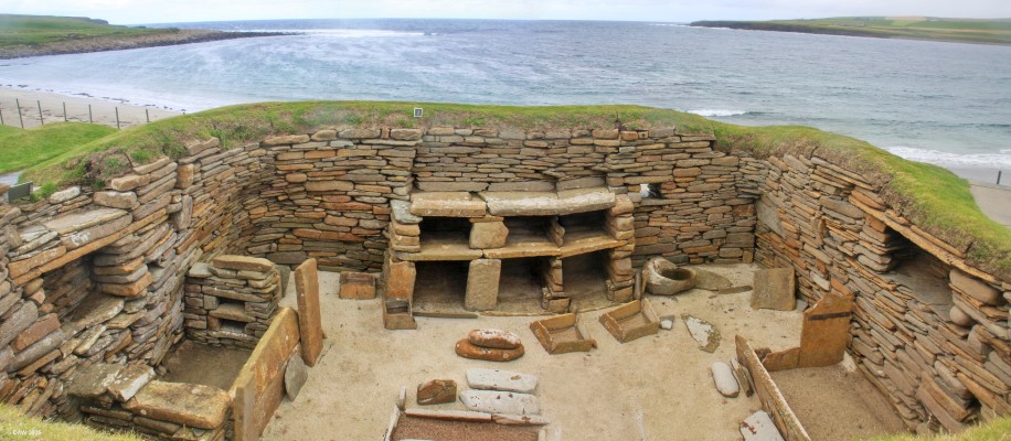 Skara Brae, House 1, Orkney
House 1 in the 5,000 year old settlement at Skara Brae.  As seen today House 1 is part of the second phase of later and slightly larger houses at Skara Brae.  Part of its northern wall and possible further chambers were lost to the sea before the modern sea defences were built.  At the time of habitation the settlement was not on the coast due to lower sea levels.

