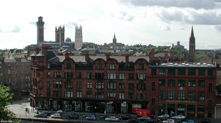 View from Garnethill, Glasgow
Over looking St George's Mansion from Garnethill.  The three spires on the left are the former Trinity College, the light coloured spire is all that is left of Park Church, built in 1856, the spire in the centre is that of Glasgow University and on the left is St Mary's Cathedral, opened in 1871.
