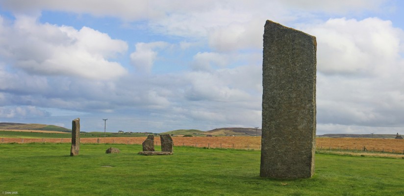 Standing Stones of Stenness, Orkney
Stones 5 and 7 at Stenness.  Hard to believe today but in 1814 a tennent farmer attempted to destroy the circle, he toppled stone 5 and smashed another stone before being stopped.  When the monument was taken into state care in 1906 stone 5 was re-erected by 8 men using a timber frame.

