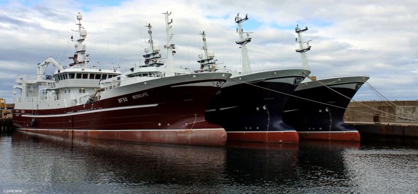 Deep sea trawlers, Fraserburch
A far cry from the wooden herring boats that would have sailed from Fraserburgh in the 19th century.  These boats are from left to right BF50 Resolute, 1700 tons , BF77 Ocean Quest, 1700 tons and FR77 Ocean Venture, 1600 tons.
