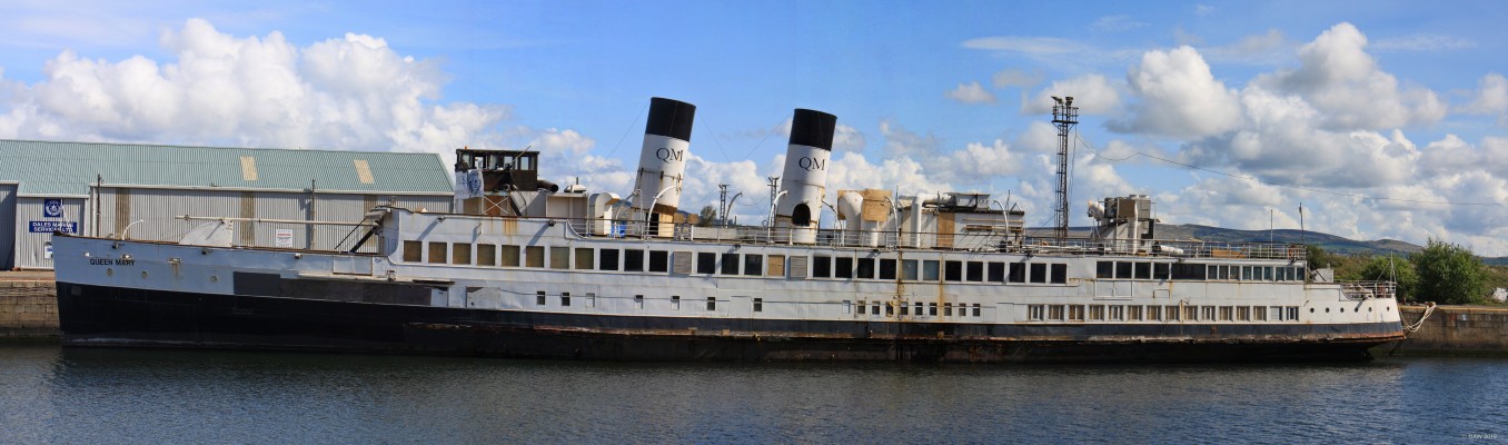 TS Queen Mary II, Garvel Dock Greenock, 2016
Queen Mary is seen here after her return to the Clyde in early 2016 for the first time since 1981.  Built at William Denny shipyard in Dumbarton and launched in 1933 as TS Queen Mary.  She was built as a Clyde Steamer and could carry just over 2000 passengers.  In 1935 Cunard approached the operator to ask if they would allow them to use the name on their new Liner which was to be launched by Queen Mary.  So Queen Mary became TS Queen Mary II and the liner became RMS Queen Mary.
