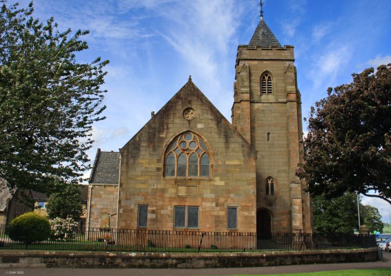 The Auld West Kirk, Greenock
This church was the first Presbyterian Church built in Scotland following the reformation, it was first open in 1591.  In 1841 it was closed when the congregation moved to a New West Kirk in 1841.  The Church lay derelict until 1864 when it was heavily restored and re-opened, the tower and stained glass windows were added.  In 1917 the shipyard Harland & Wolf wanted to increase the size of their yard and offered to move the church building to where it stands today on the esplanade.
