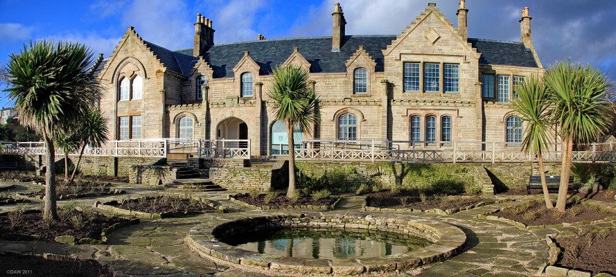 Garrison House, Millport
Built in 1745 as the house of the Captain and officers of the Millport  based customs cutter, Royal George.  Since then the building has been much expanded   It was used as the home of Lord Glasgow, a Hotel, Library, Museum, and I remember it as a Cafe in the 1960's.  It was almost destroyed by fire in 2001 at which point it was at risk of demolition but after much effort by locals was saved and re-opened in 2008.
