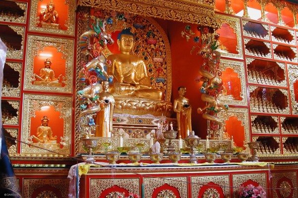 The Shrine Room, Kagyu Samye Ling Tibetan Buddhist Monastery
The beautiful Shrine Room of Samye Ling's Temple. with its precious gilded Buddha surrounded by a thousand smaller Buddhas.  The Temple was completed in 1988 after 10 years work by volunteers.  [url=http://www.streetmap.co.uk/map.srf?X=324617&Y=600012&A=Y&Z=120] Map location. [/url]
