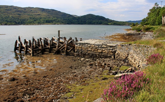 The old pier at Kinlochmoidart, Loch Moidart
The pier is thought to have been built in the early 1880's to bring in dressed stone for the construction of Kinlochmoidart House in 1884 on the Kinlochmoidart Estate. [url=http://streetmap.co.uk/map.srf?X=169749&Y=772825&A=Y&Z=115/] Map location. [/url]
