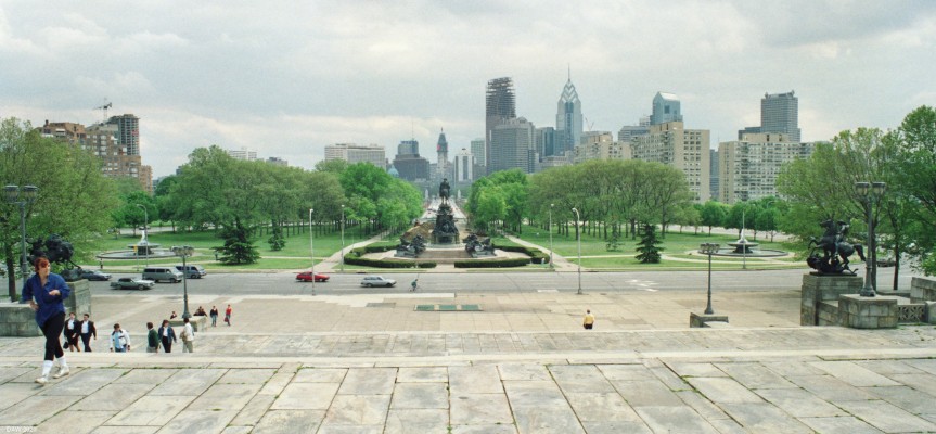 The "Rocky" steps, Philadelphia, 1989
These are the famous steps up to the Museum of Art in Philadelphia that were used in the film, Rocky.  This is view is looking back down the Benjamin Franklin Parkway with the City Hall at the far end.
