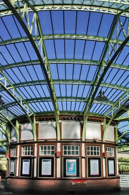 Wemyss Bay Railway Station
The glass conopay radiates outwards from this circular building at the centre of Wemyss Bay Railway station.  Wemyss Bay is the terminus for the line from Glasgow where you can connect to a coat to Bute.  But the journey from Glasgow is worth it just to see this Railway Station on a sunny day like this.
