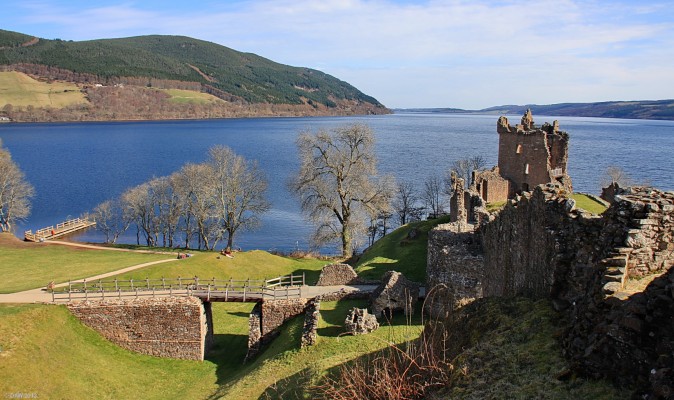 Urquhart Castle, Loch Ness
It is not known exactly when the castle was built here but it is thought to date from the 13th century.  It is known that King Edward I of England captured it in 1296.  At the time it was one of the largest medieval castles in Scotland and although ruined is still an impresive sight perched on the edge of Loch Ness.  This view is looking East with Urquhart Bay and Loch Ness in the background. [url=http://www.streetmap.co.uk/map.srf?X=253045&Y=828620&A=Y&Z=120/] Map location. [/url]

