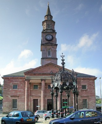 Wellpark Mid Kirk, Greenock
The foundation stone was laid in 1759 and the church opened in 1761.  The front elevation and steeple were built later in in 1887, the steeple is 146ft high and used to have a model Cutter on top but this was removed in 1937 and is now inside the church.  The Church was badly damaged in air raids in May 1941 but was repaied by 1946.  [url=http://www.streetmap.co.uk/map.srf?X=227991&Y=676112&A=Y&Z=115/] Map location. [/url]
