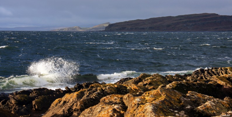 Winter view from Portencross
Looking out from Portencross, the dark island is the Wee Cumbrae and the one with the sun on it is the tail of of the Isle of Bute.
