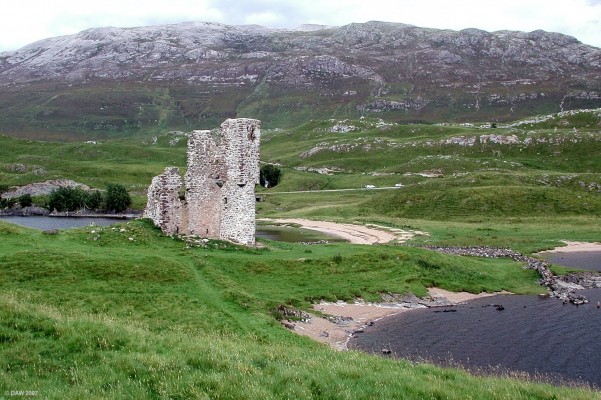 Ardvreck Castle
Situated on a peninsula on Loch Assynt, Advreck Castle was built in the 16th century by the Macleods of Assynt.  The Royalist James Graham, Marquis of Montrose was imprisoned here before being taken to Edinburgh for execution in 1650.  [url=http://www.multimap.com/map/browse.cgi?lat=58.1656&lon=-4.994&scale=25000&icon=x/]Map location[/url]
