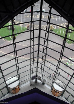 The Foyer, Clyde Auditorium
Looking down into the foyer of the Armadillo, there is 820 square metres of glass there, apparently.  [url=http://www.streetmap.co.uk/map.srf?X=256947&Y=665287&A=Y&Z=115/] Map location. [/url]
