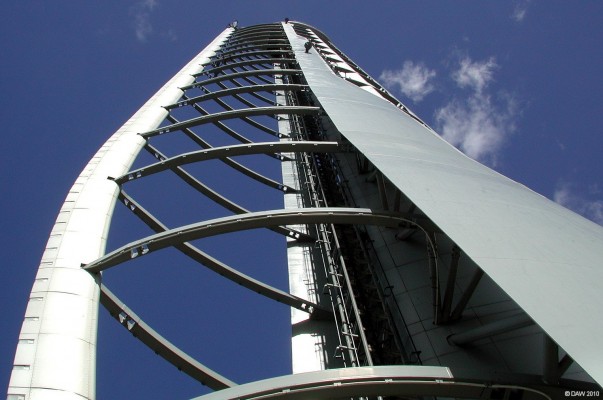 The Glasgow Tower
At 128m it is still the tallest tower in Scotland and the only tower in the world where the whole structure can rotate through 360 degrees.  The aerofoil shape on the right reduces the wind resistance and motors turn the structure into the prevailing wind.
