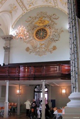 Inside St Andrews in the Square
A view of the spectacular clock and plasterwork above the rear balcony in St Andrew's in the Square.  Built in 1754 and used as a Church until 1993 when it was restored and converted into a music venue.

