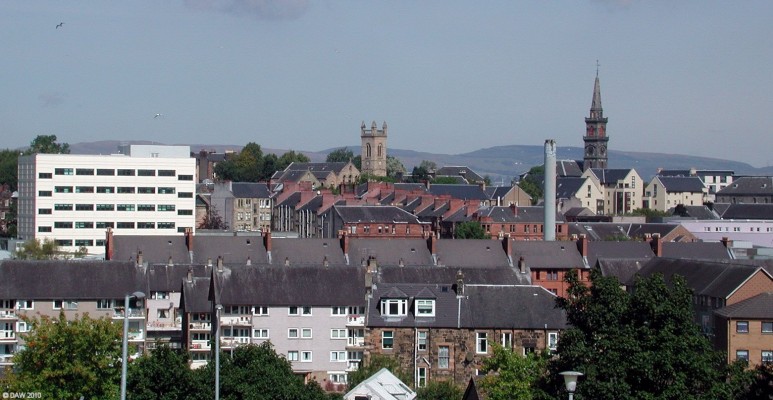 Paisley roof tops
Over looking Paisley town centre from the south.  The University is on the left and the tallest steeple is the High Church.  [url=http://www.streetmap.co.uk/map.srf?X=247910&Y=663366&A=Y&Z=115/] Map location. [/url]
