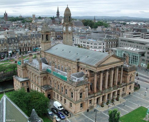 Paisley Town Hall
The town hall as seen from the top of the Abbey tower.  [url=http://www.streetmap.co.uk/map.srf?X=248550&Y=663945&A=Y&Z=115/] Map location. [/url]
