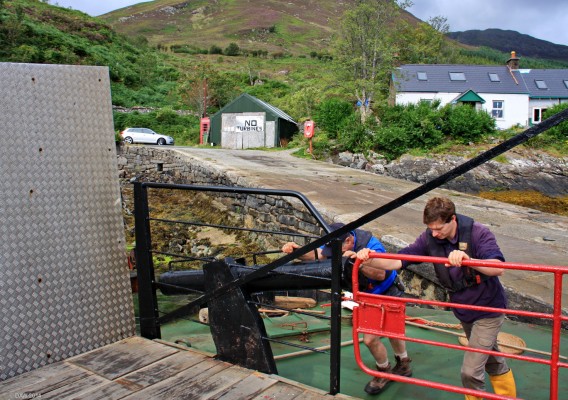The Skye ferry, Kylerhea narrows
If you are visiting Skye and you aren't in hurry, the best way to get there is on the [url=http://www.skyeferry.co.uk/] ferry at Glenelg. [/url] Its the last manually operated turntable car ferry in Scotland.  It can only carry 6 cars and operates between Easter and the middle of October. This crossing has been in use for hundreds of years and pre-dates the old ferry at Kyle of Lochalsh.
