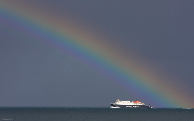 Some where over the rainbow
Some where over the rainbow.......  there's a Calmac ferry.   A Caledonian Macbrayne car ferry heads up the Sound of Mull.  [url=http://www.streetmap.co.uk/map.srf?X=171680&Y=737210&A=Y&Z=126/] Map location. [/url]
